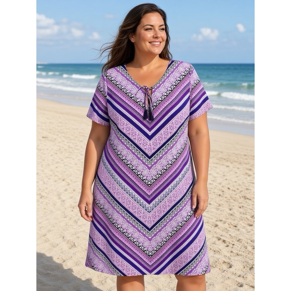 Lands' End Purple Tunic Dress L Beach Cover Up Swim Short Sleeve Ornate UPF 50+